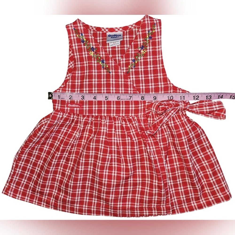 Vtg OshKosh B'gosh Red Gingham Wrap Dress Floral Embroidered USA Toddler Sz 2T - Picture 11 of 16
